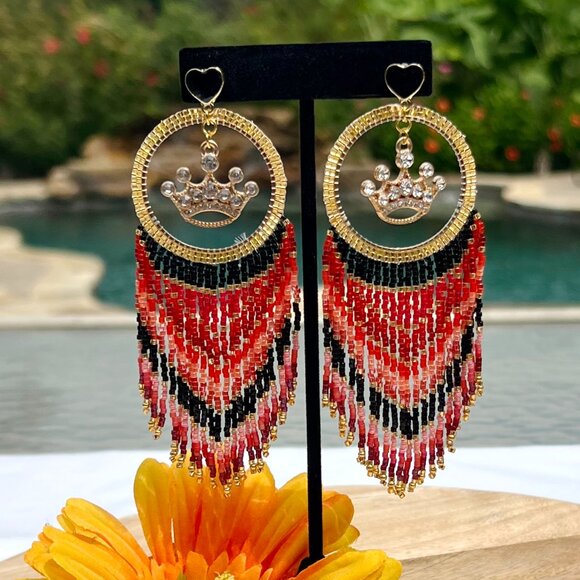 Handmade Beaded Queen Long Fringe Dangle Drop Lightweight Post Hoop Earrings - Picture 5 of 10